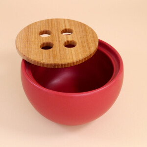 EM Keramik Knoblauchtopf mit Holzdeckel Rot