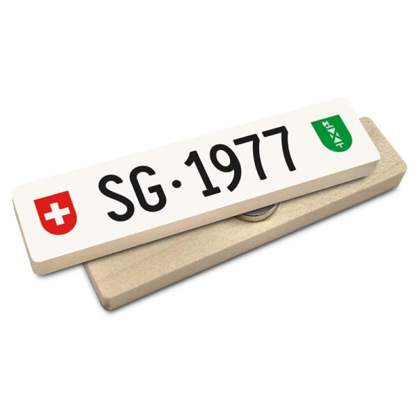 Hoi Schweiz Holzmagnet: SG Autonummer Jahrgang 1977