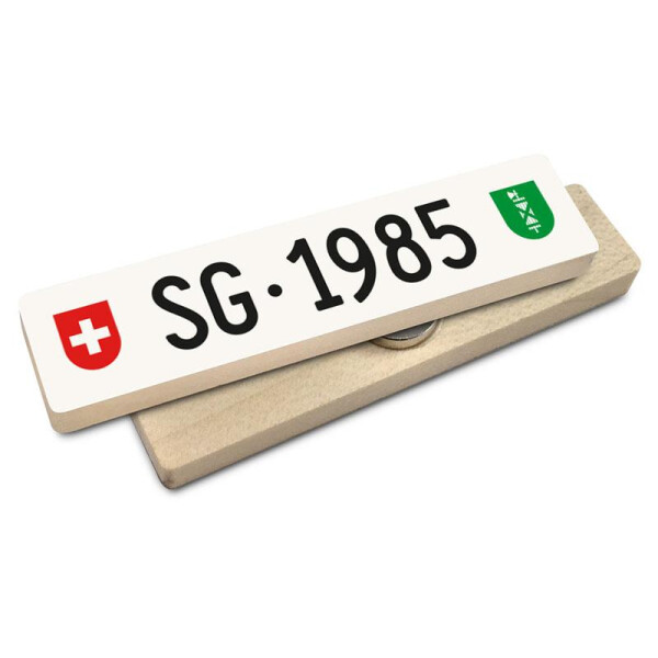 Hoi Schweiz Holzmagnet: SG Autonummer Jahrgang 1985
