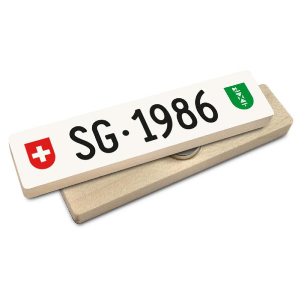 Hoi Schweiz Holzmagnet: SG Autonummer Jahrgang 1986