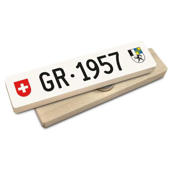 Hoi Schweiz Holzmagnet: GR Autonummer Jahrgang 1957