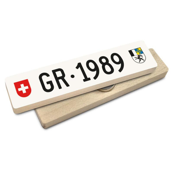 Hoi Schweiz Holzmagnet: GR Autonummer Jahrgang 1989