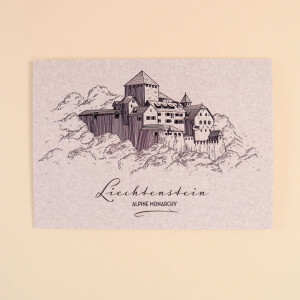 Postkarte &quot;Liechtenstein, Alpine Monarchy&quot; Schloss Vaduz gezeichnet